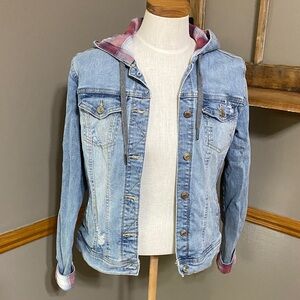 Maurices distressed Denim Hooded Jacket with Plaid Lining